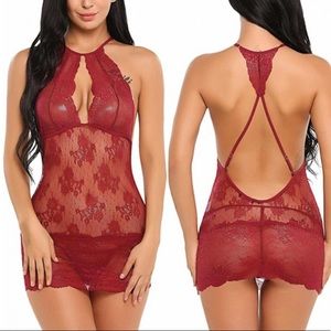 Babydoll Lingerie Lace Halter Teddy Dress Dark Red